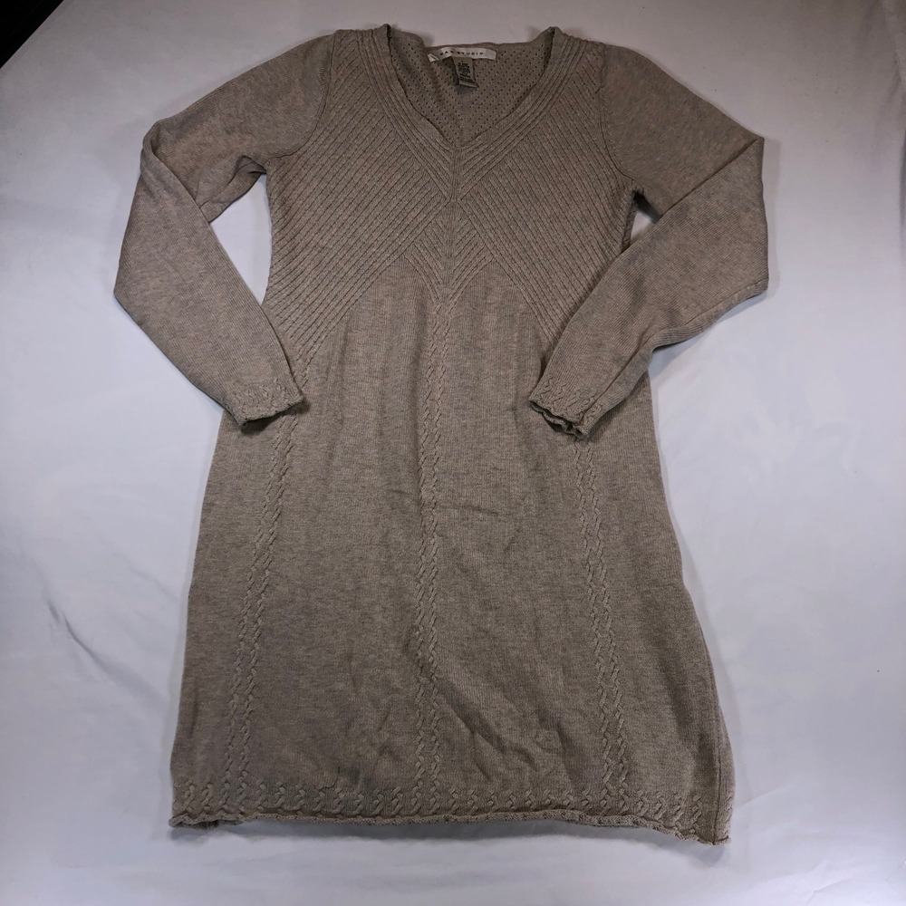 Max Studio Womens Beige V-Neck Cable Knit Long Sleeve Sweater Dress Size L